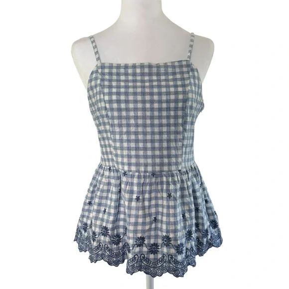 Blue Rain Gingham Embroidered Peplum Tank Top Medium - Picture 2 of 10